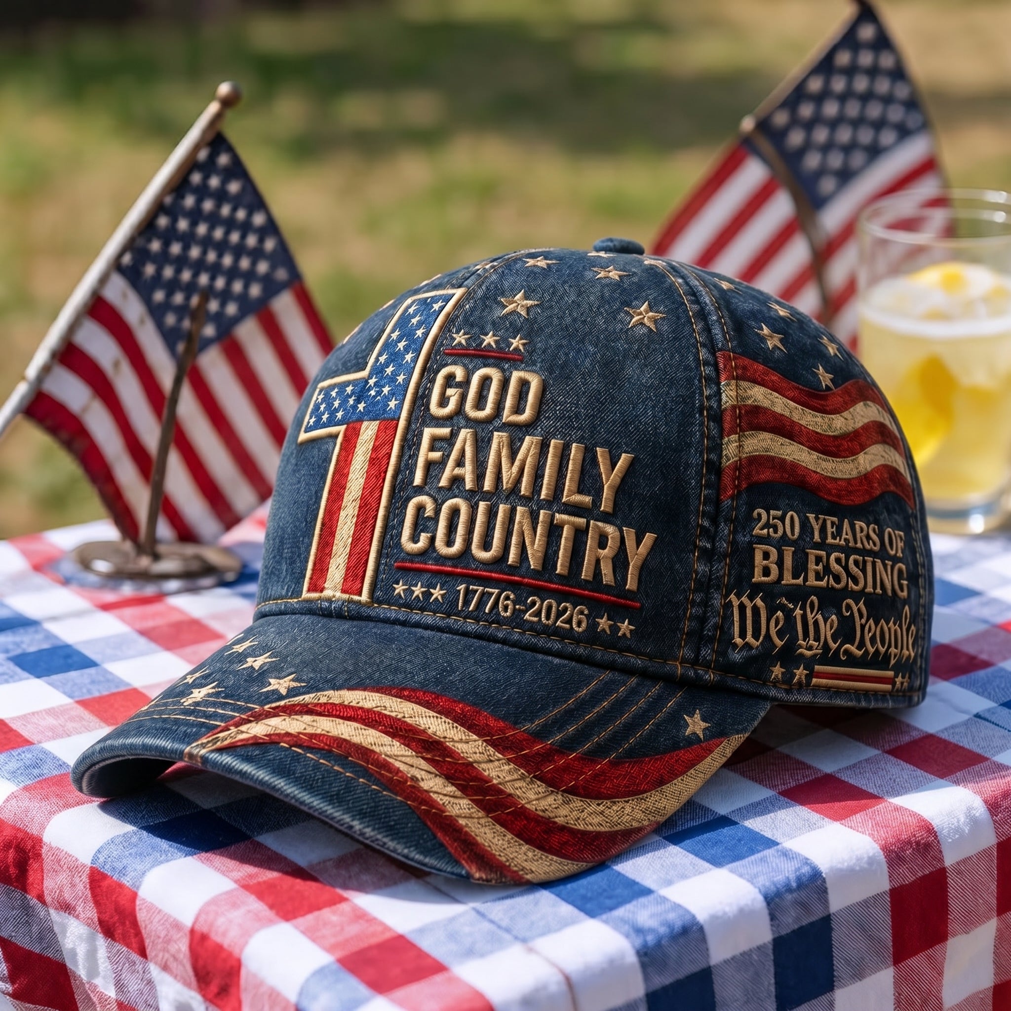 Premium Patriotic Baseball Cap: God, Family, Country – 250th Anniversary Edition