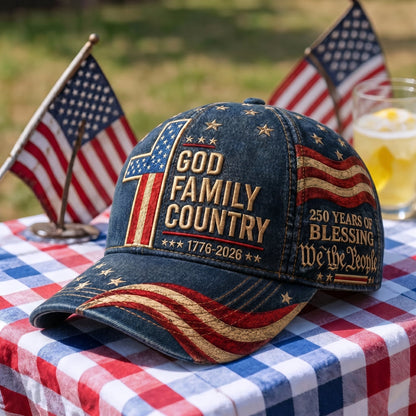 Premium Patriotic Baseball Cap: God, Family, Country – 250th Anniversary Edition