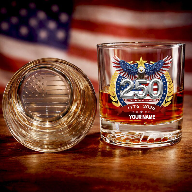 Personalized Whiskey Glass – USA 250 Years Anniversary "American Eagle 1776-2026"
