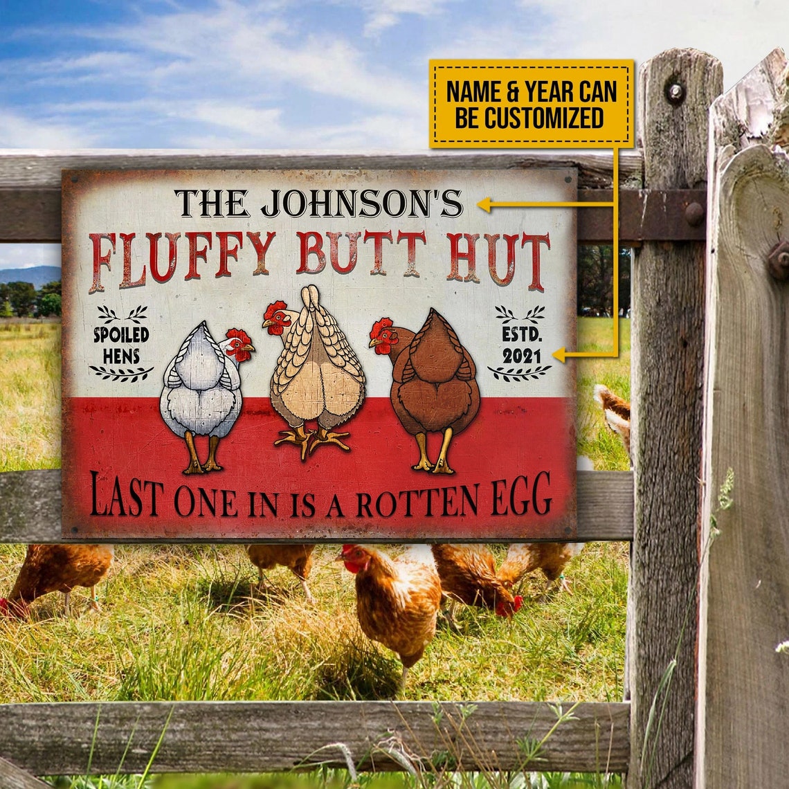 🐔 Personalized "Fluffy Butt Hut" Farm Sign – Spoiled Hens & Rustic Charm