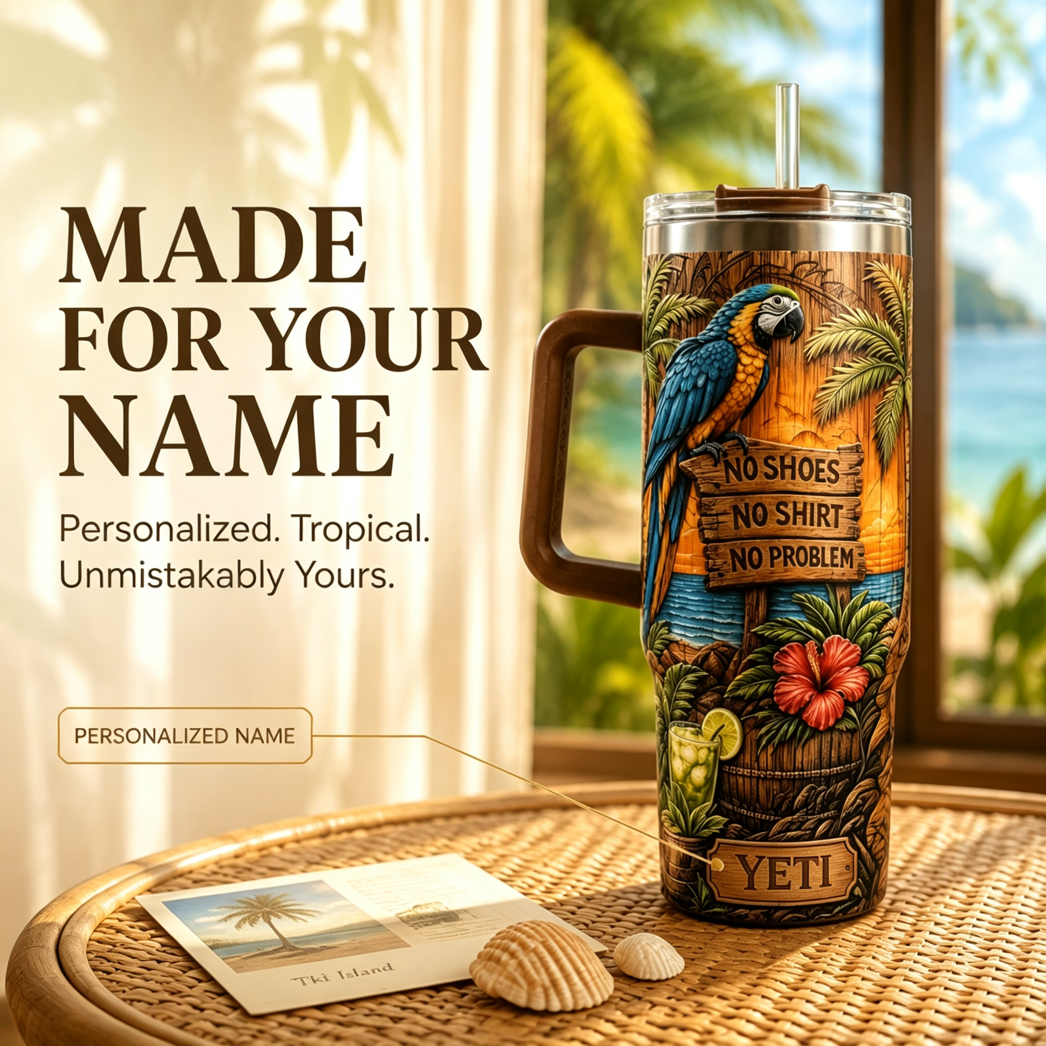 Personalized Tiki Life 40oz Tumbler 🦜 Custom Name Tropical Gift 🌺