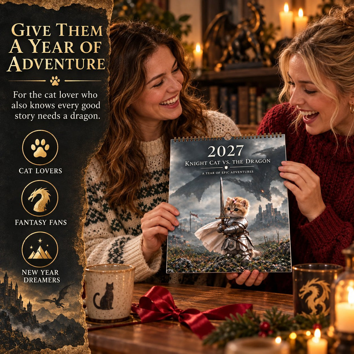 🐱 2027 Knight Cat vs. The Dragon Wall Calendar | 12 Fantasy Scenes