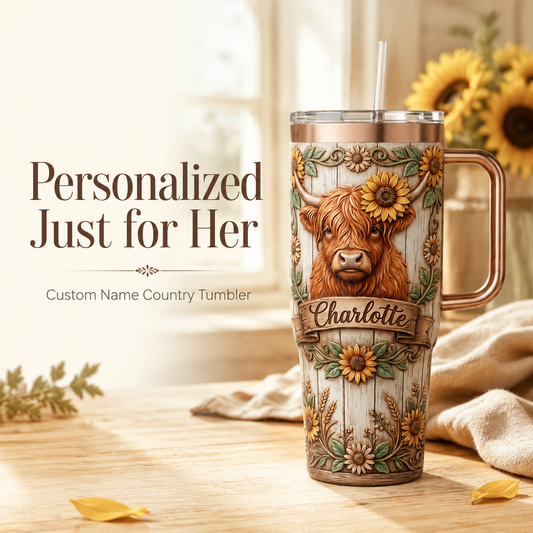 Personalized 30oz/40oz Highland Cow & Sunflower Tumbler | Custom Name Rustic Faux-Wood Engraved Look  🌻🤎