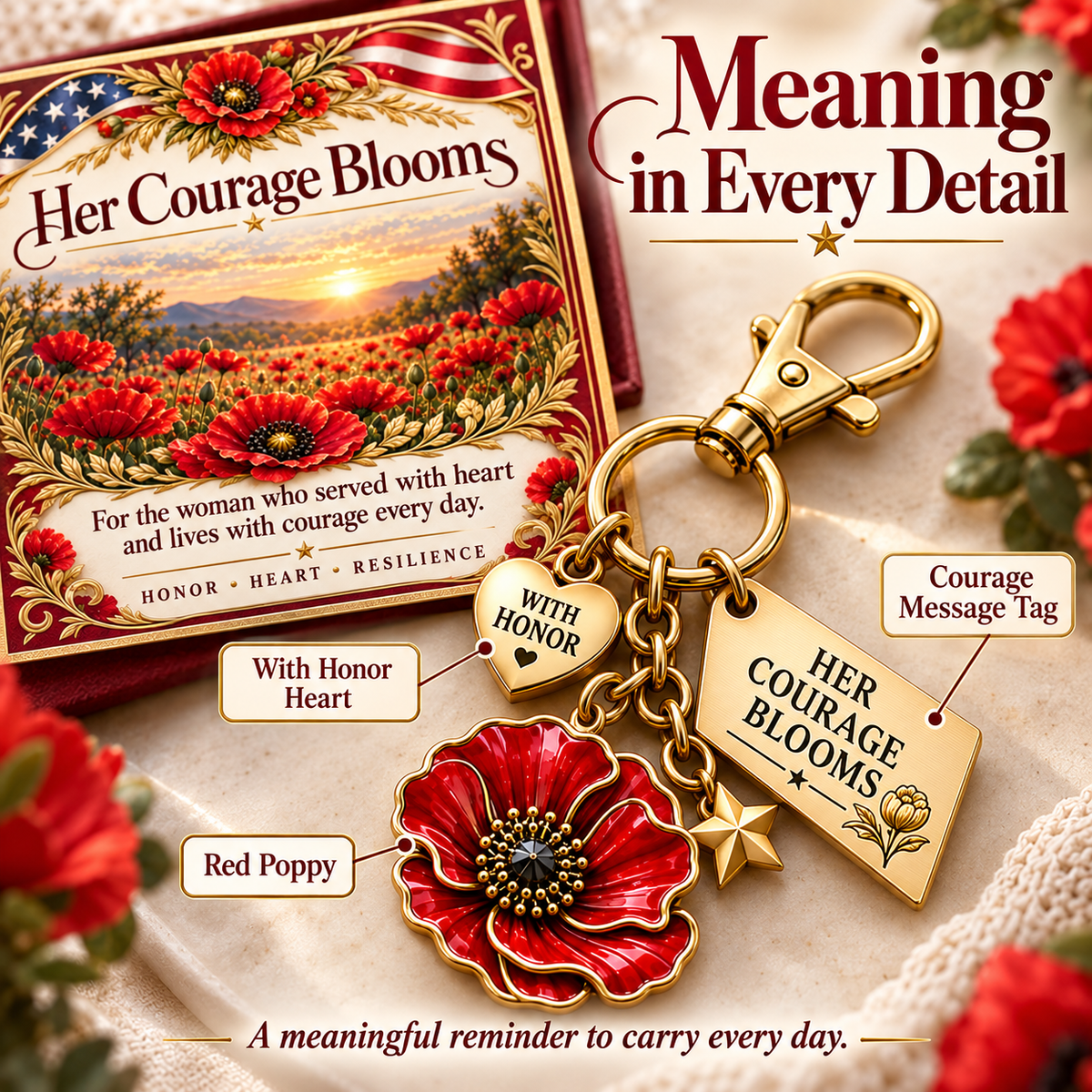 Her Courage Blooms🌺 |  Poppy Keychain & Message Card for Women Veterans