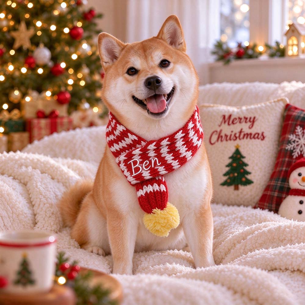 Personalized Embroidered Christmas Pet Scarf with Pom Pom
