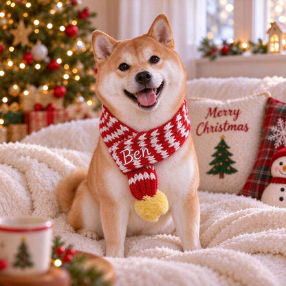 Personalized Embroidered Christmas Pet Scarf with Pom Pom