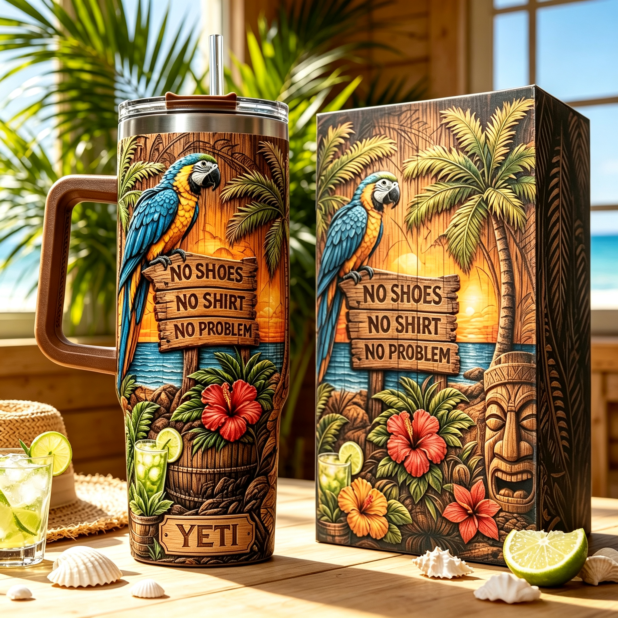 Personalized Tiki Life 40oz Tumbler 🦜 Custom Name Tropical Gift 🌺