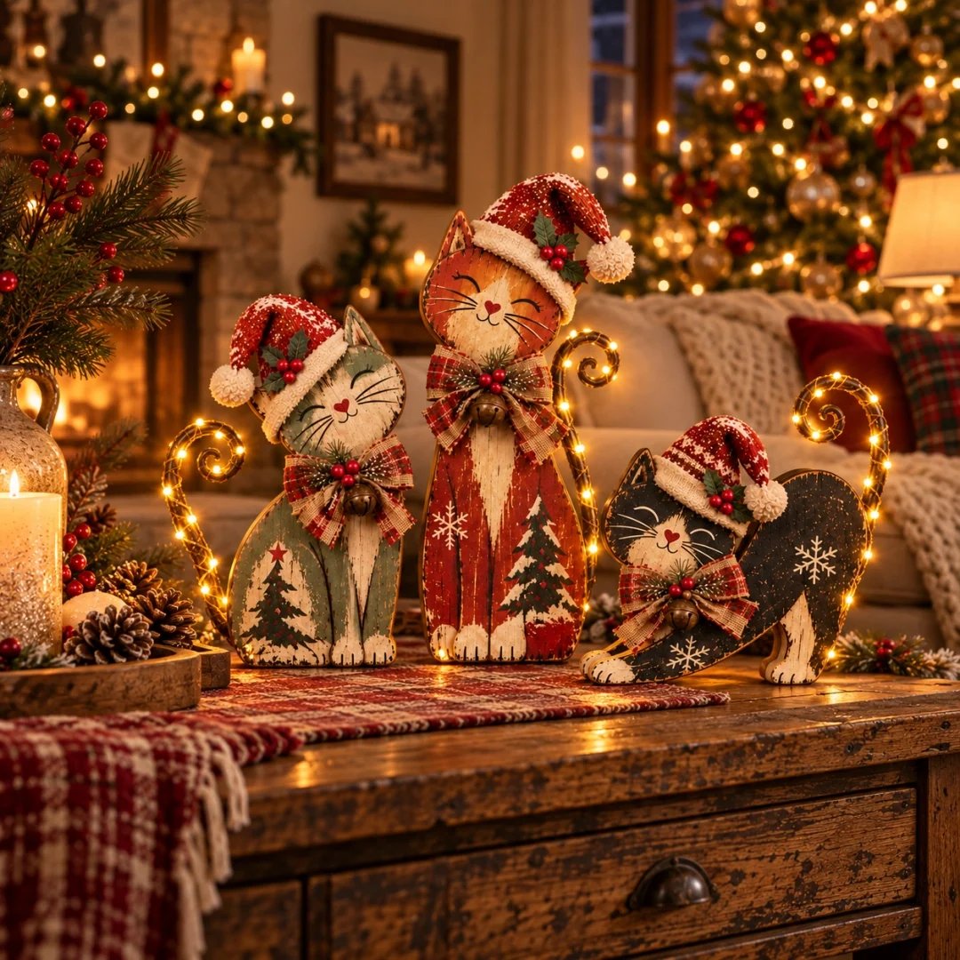 Vintage Christmas Cat Trio