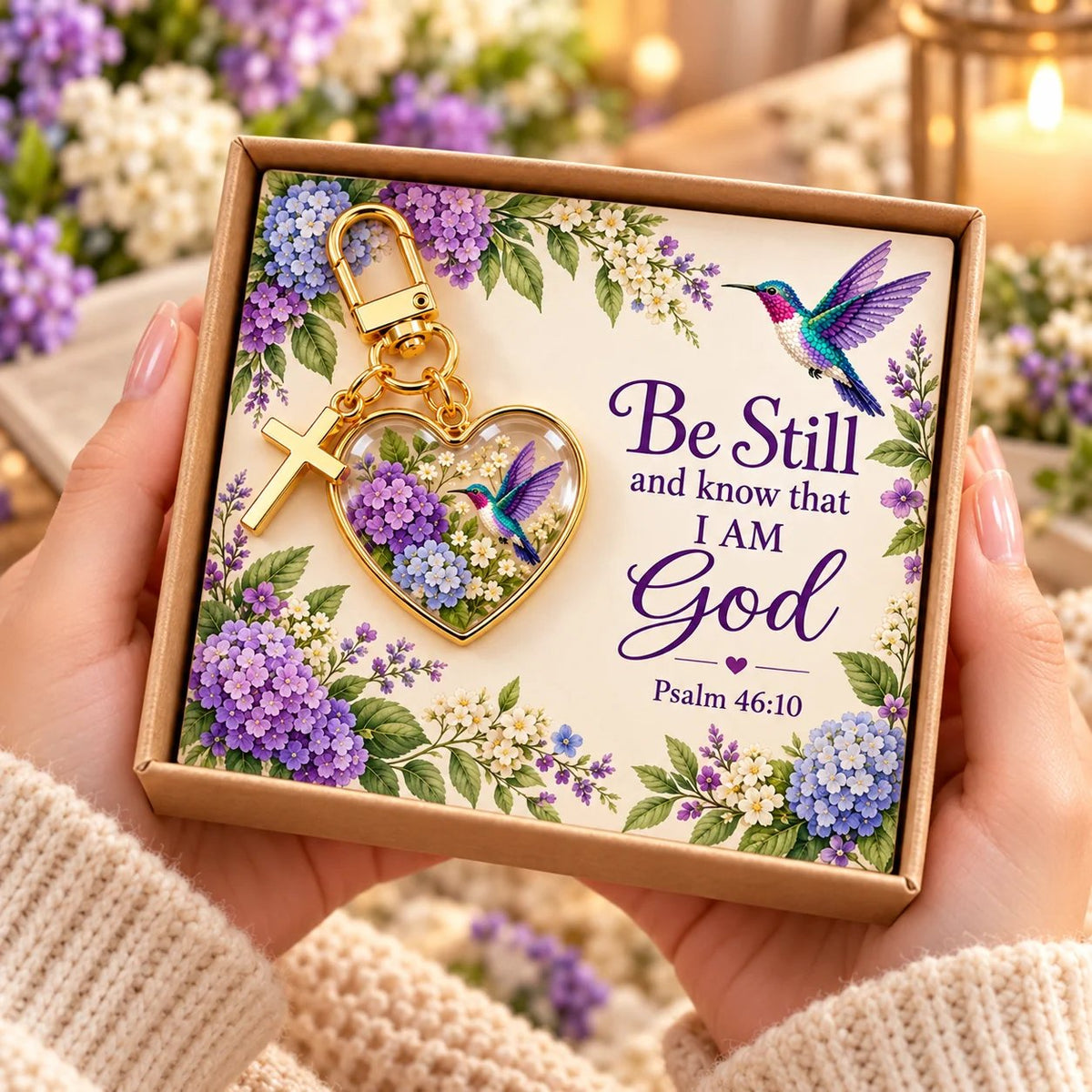 💜✝️ Be Still & Know That I Am God Hummingbird Faith Keychain — Psalm 46:10