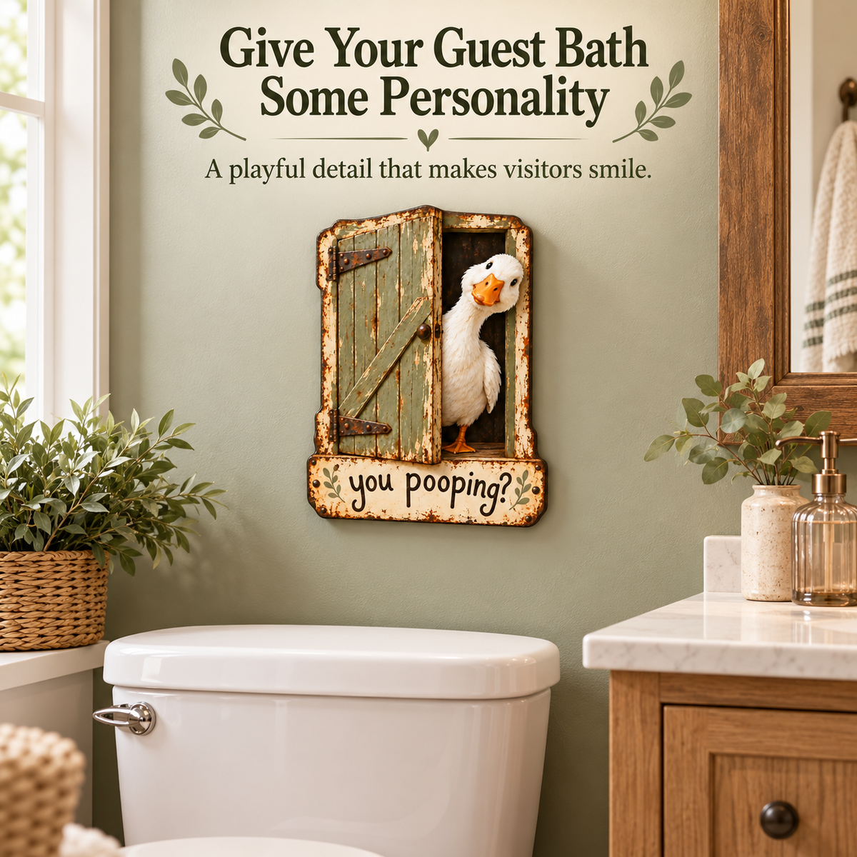 🦆 "You Pooping?" Cheeky Goose Rustic Metal Bathroom Sign | Funny Farmhouse Toilet Decor & Gag Gift