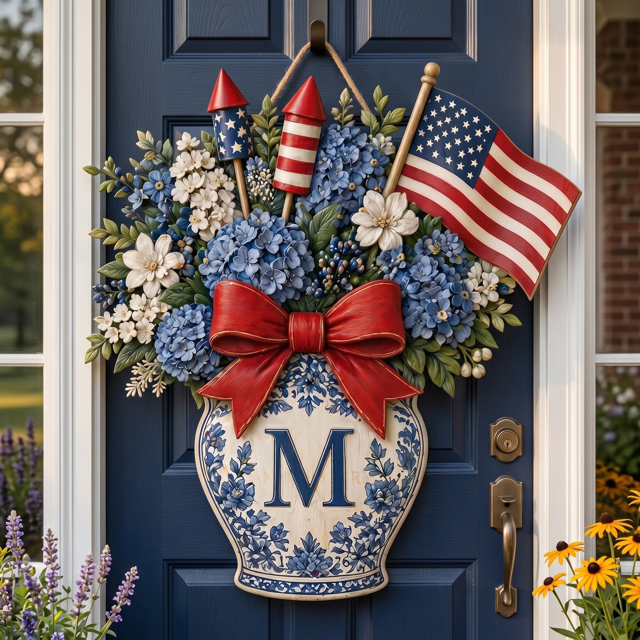 💙 Personalized Patriotic Blue Hydrangea Wooden Door Hanger