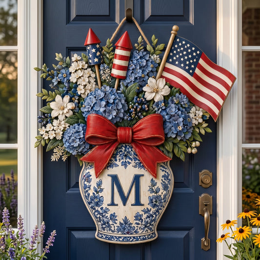 💙 Personalized Patriotic Blue Hydrangea Wooden Door Hanger