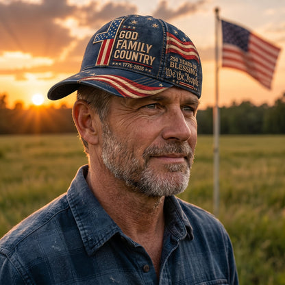 Premium Patriotic Baseball Cap: God, Family, Country – 250th Anniversary Edition