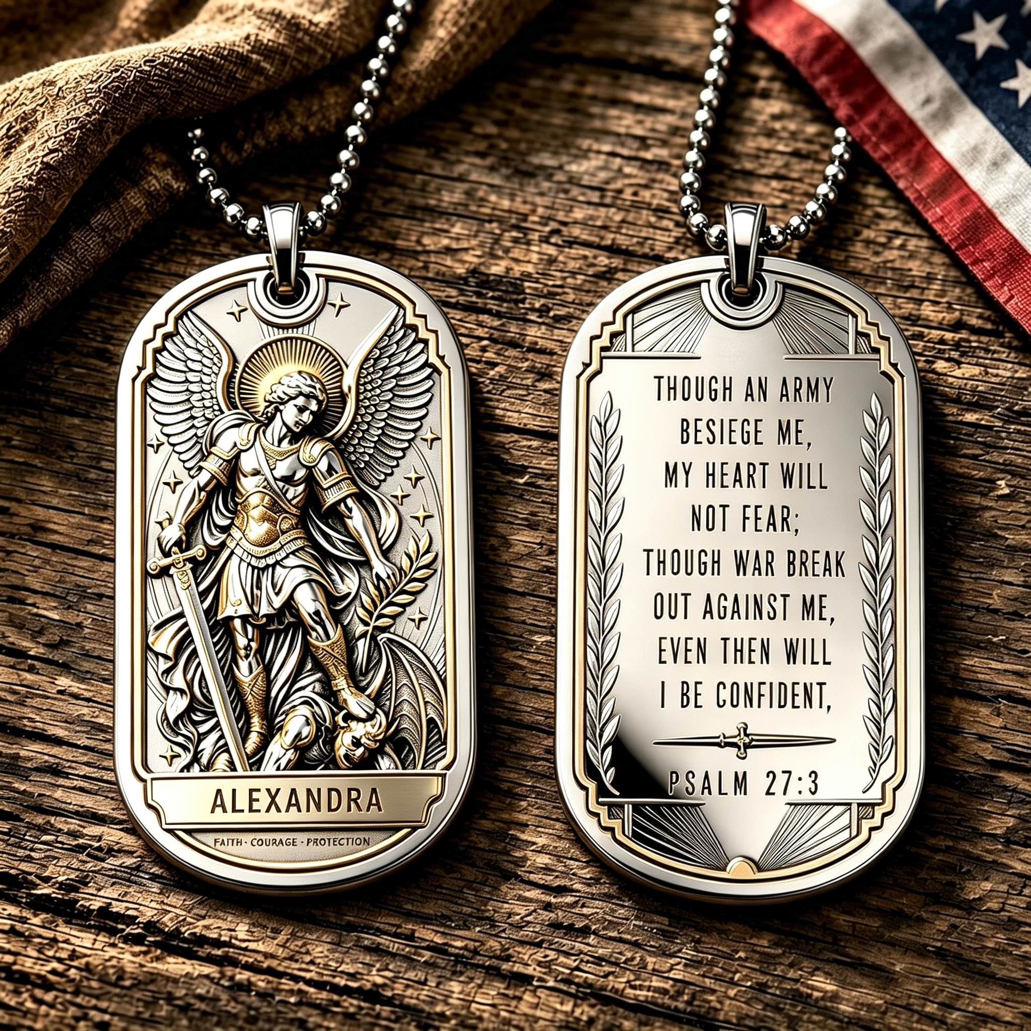 St. Michael Custom Engraved Dog Tag Necklace | Psalm 27:3