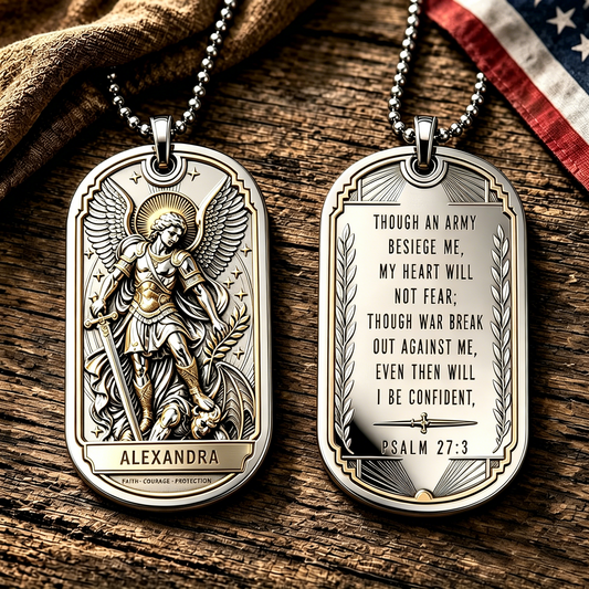 St. Michael Custom Engraved Dog Tag Necklace | Psalm 27:3