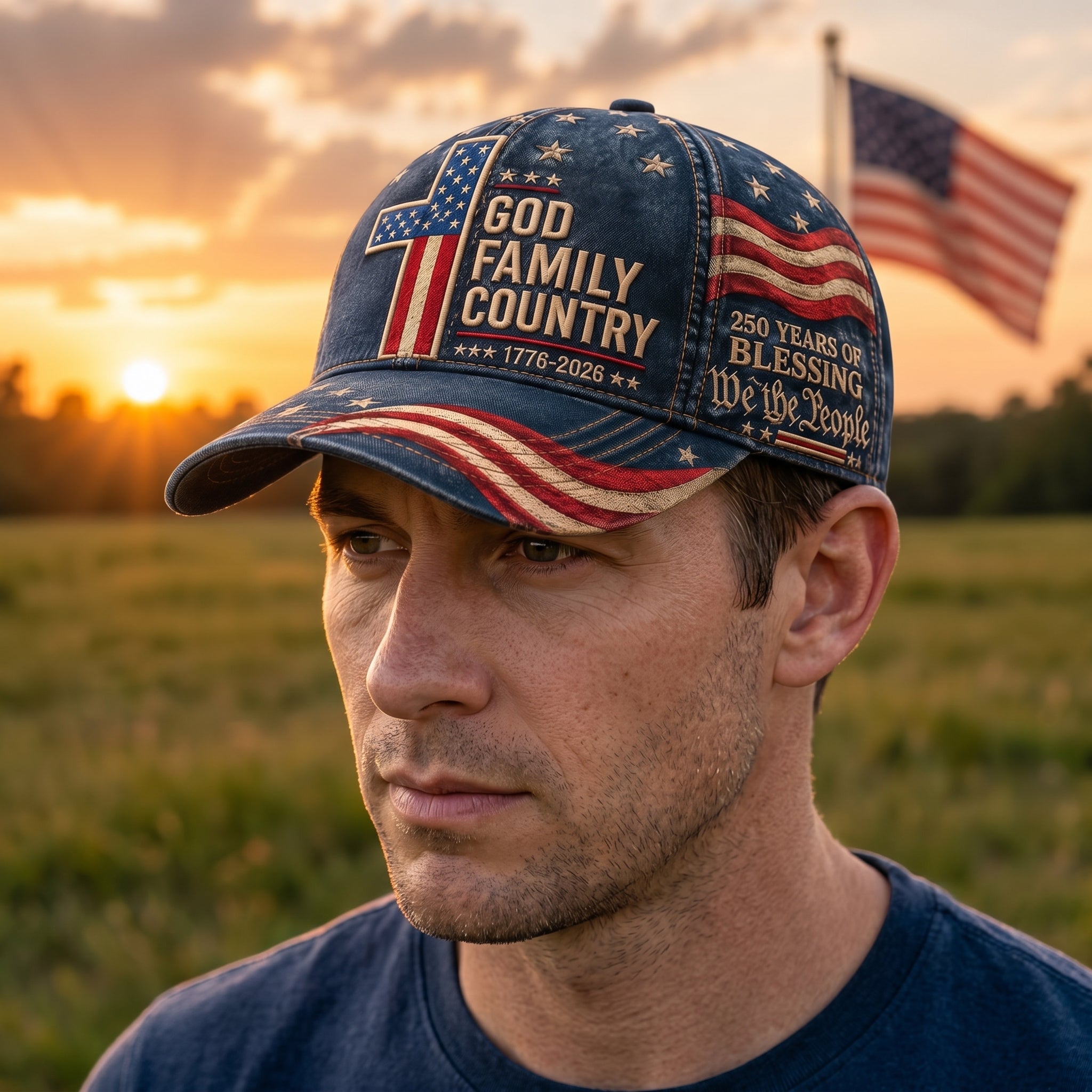 Premium Patriotic Baseball Cap: God, Family, Country – 250th Anniversary Edition