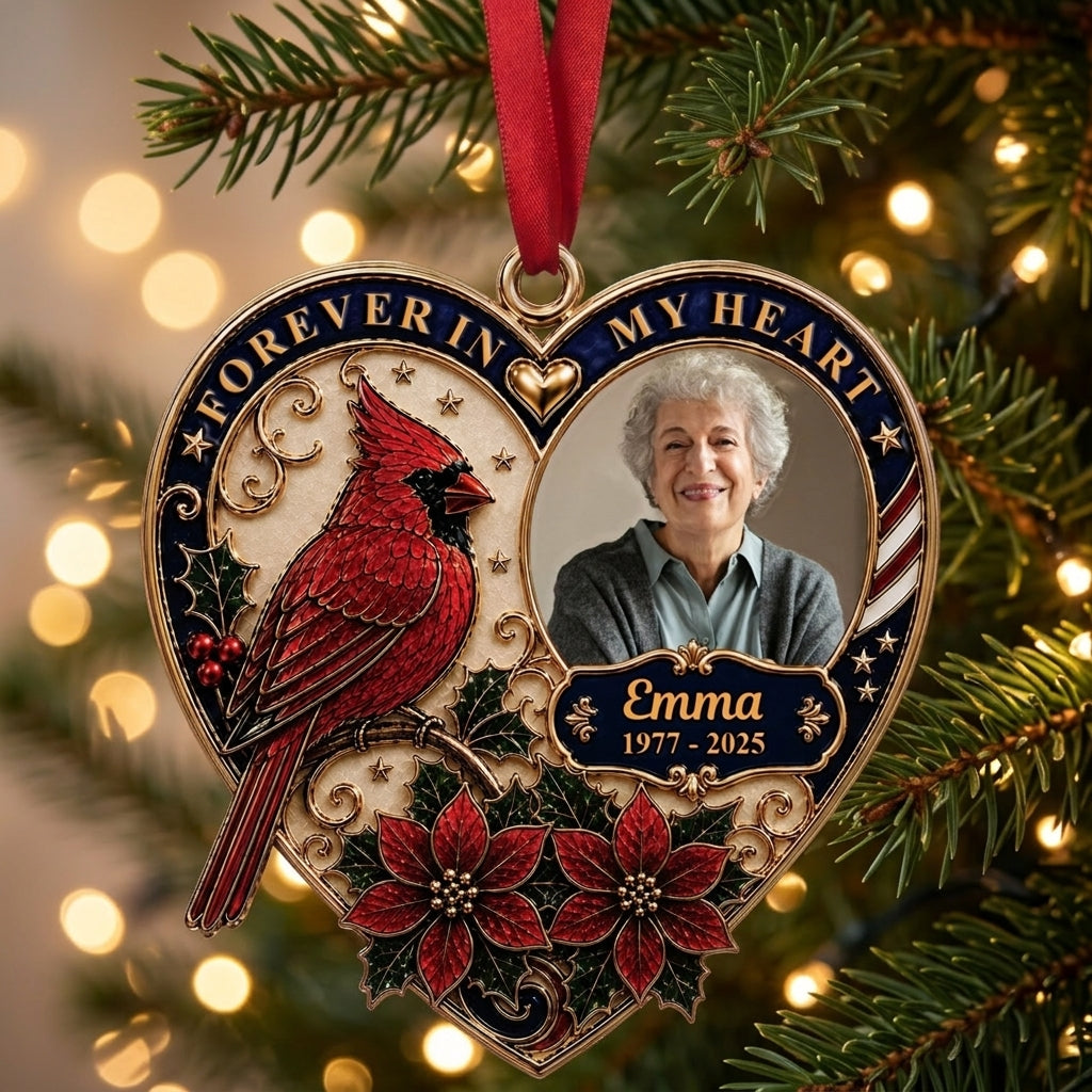 🕊️ Personalized "Forever In My Heart" Cardinal Memorial Ornament | Custom Photo, Name &Dates ❤️