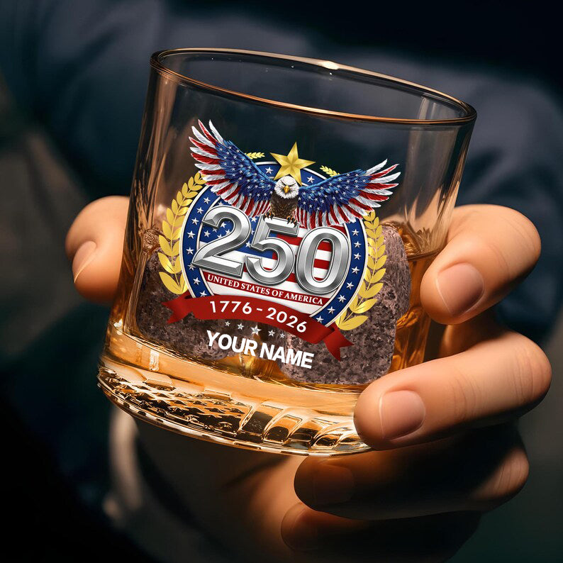 Personalized Whiskey Glass – USA 250 Years Anniversary "American Eagle 1776-2026"