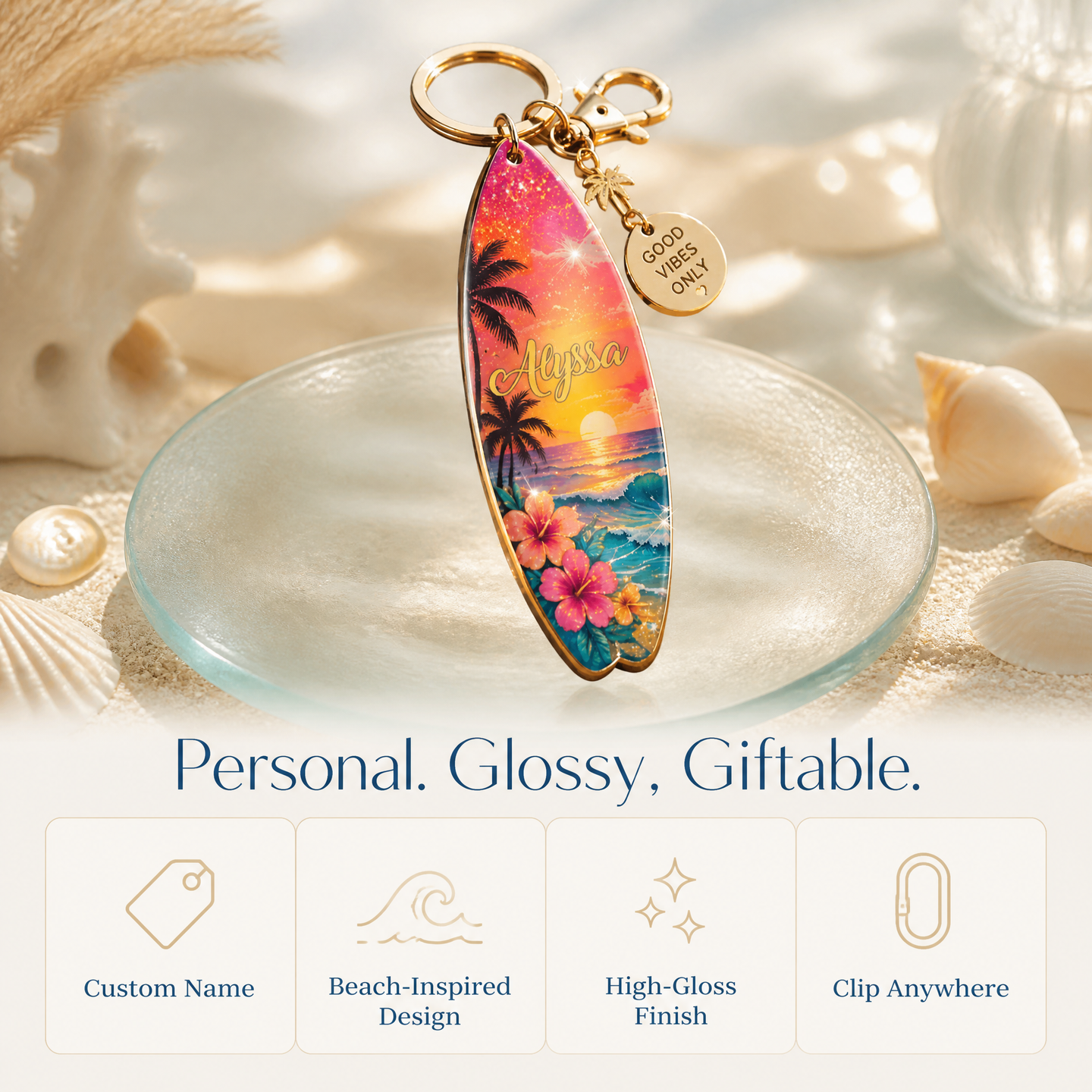 🌅🌴Personalized Tropical Sunset Surfboard Keychain | Custom Name Beach Bag Charm | "Good Vibes Only"