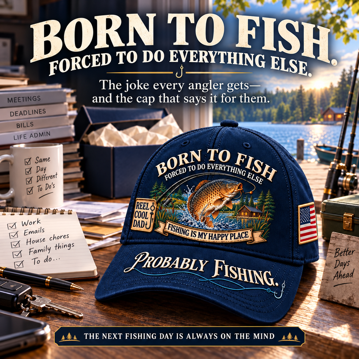🎣 Born To Fish “Probably Fishing” USA Angler Tribute Cap  | Cotton-Poly Blend • Detailed Embroidery • Adjustable Fit