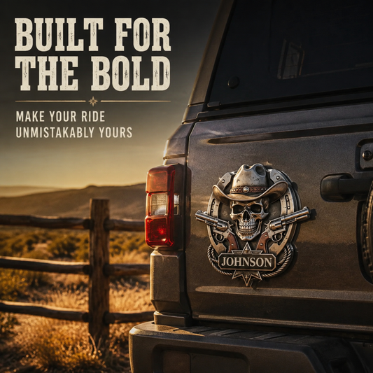 Personalized "Outlaw" Cowboy Skull Metal Emblem | Custom Badge for Truck, Jeep & SUV 🤠💀