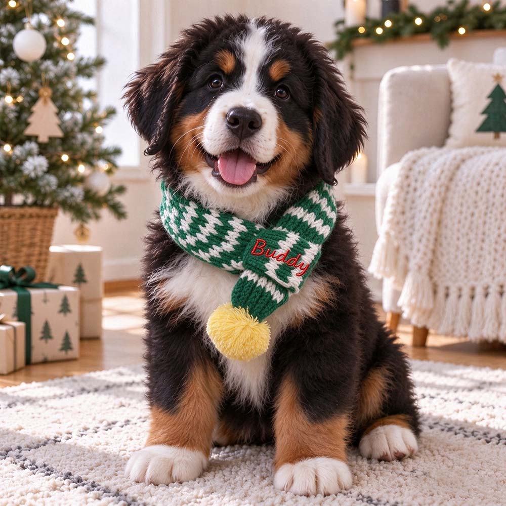 Personalized Embroidered Christmas Pet Scarf with Pom Pom
