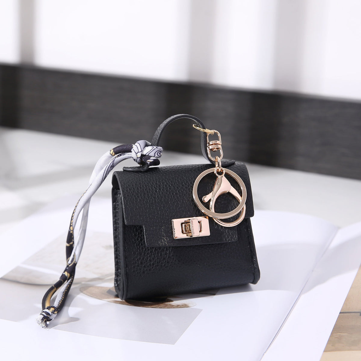 Vintage Twist Lock Mini Leather Bag Charm, Luxury Airpod Pouch Coin Purse with Silk Scarf Ribbon, Designer Tiny Keychain Wallet for Handbag