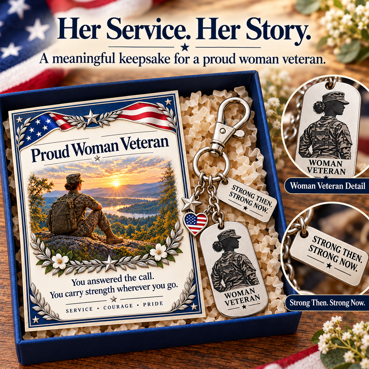 🇺🇸 Proud Woman Veteran Keychain & Message Card