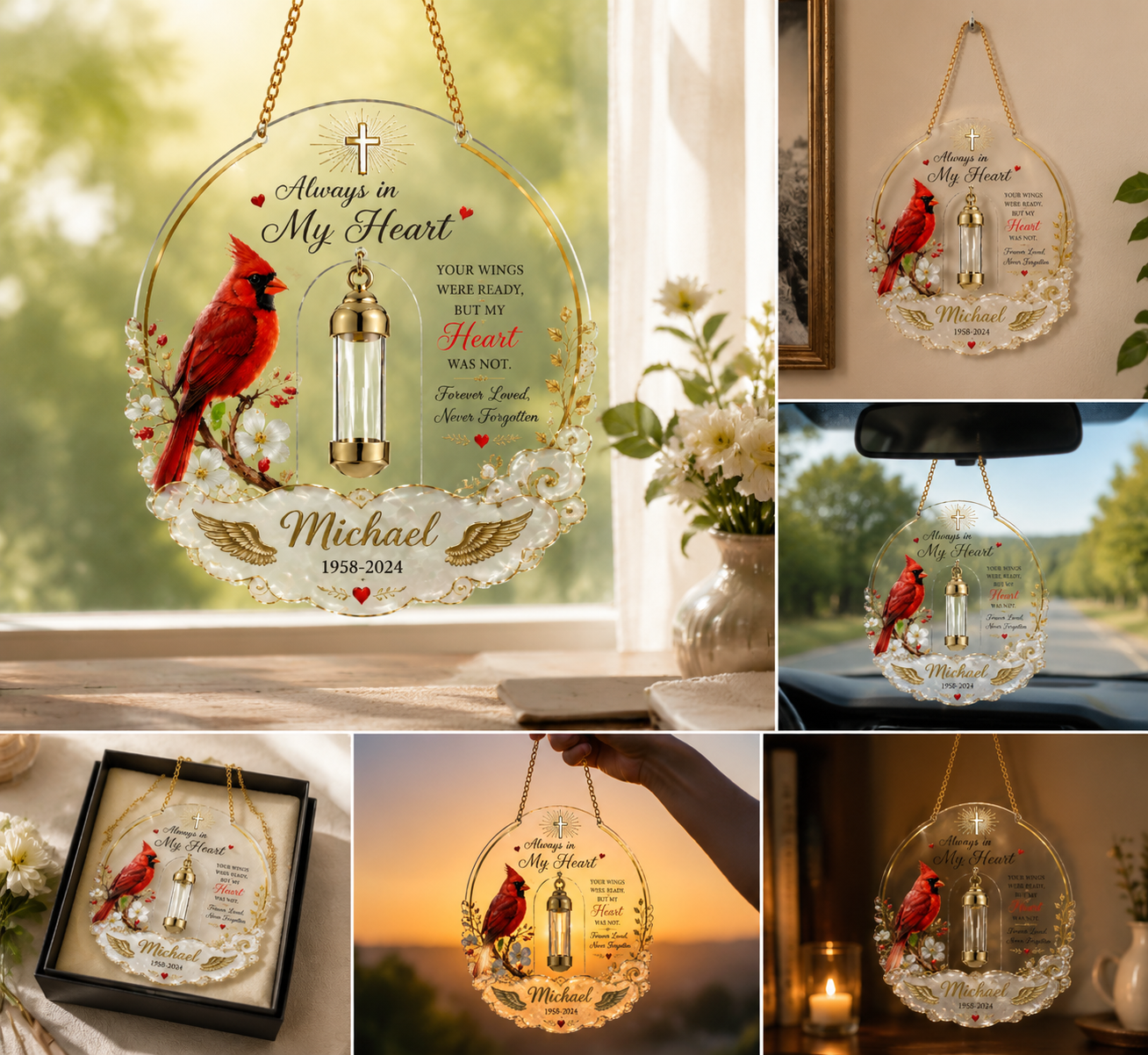 Personalized Cardinal Memorial Ornament with Mini Keepsake Urn | "Always in My Heart" Suncatcher 🕊️❤️