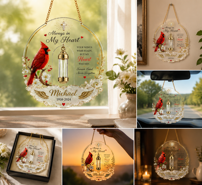 Personalized Cardinal Memorial Ornament with Mini Keepsake Urn | "Always in My Heart" Suncatcher 🕊️❤️