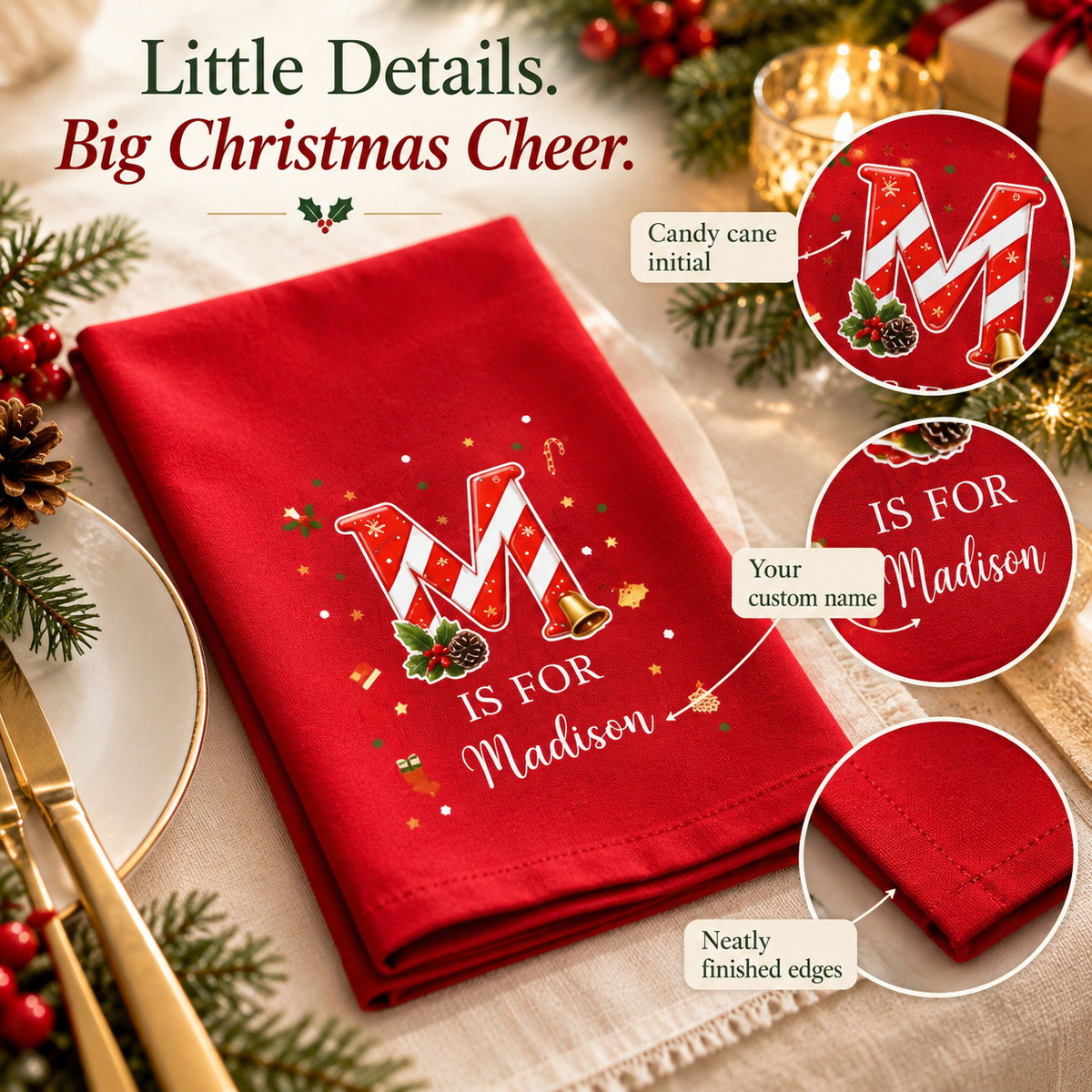 🎄 Personalized Candy Cane Initial Christmas Napkins | Custom Name Holiday Table Decor & Hostess Gift 🎅