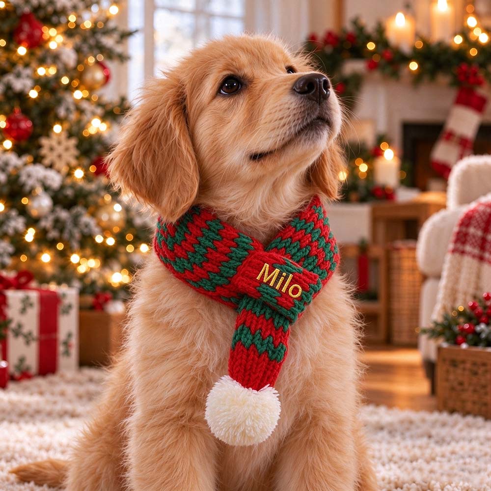 Personalized Embroidered Christmas Pet Scarf with Pom Pom