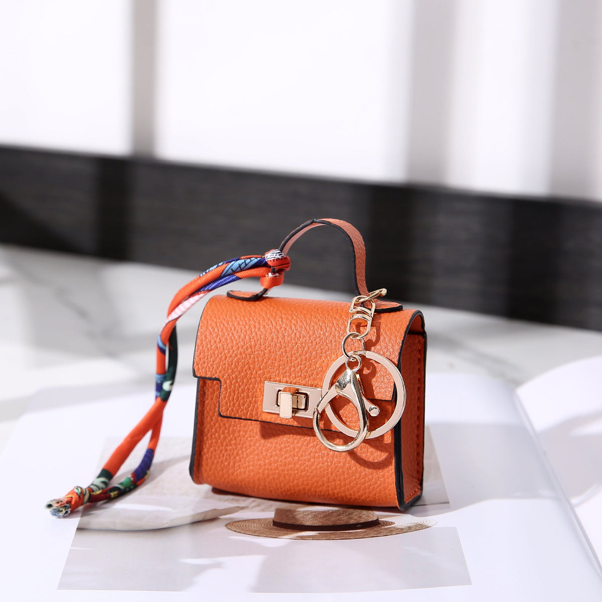Vintage Twist Lock Mini Leather Bag Charm, Luxury Airpod Pouch Coin Purse with Silk Scarf Ribbon, Designer Tiny Keychain Wallet for Handbag