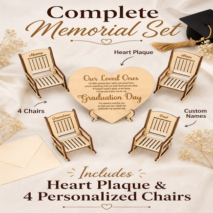 "Save a Seat" Personalized Graduation Memorial Set - Custom Wooden Rocking Chairs & Heart Sign