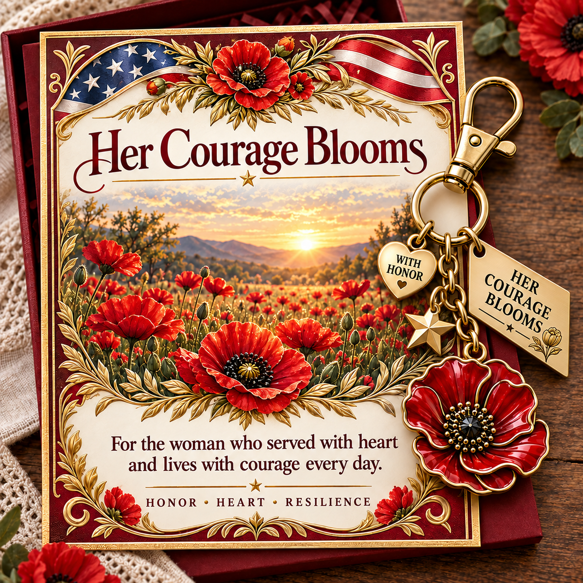 Her Courage Blooms🌺 |  Poppy Keychain & Message Card for Women Veterans