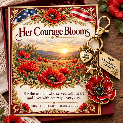 Her Courage Blooms🌺 |  Poppy Keychain & Message Card for Women Veterans