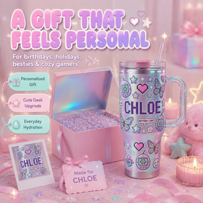 👾✨Personalized Y2K Cyber Aesthetic Tumbler | Custom Pixel Name Holographic Gamer Cup with Glitter Handle (30 oz/ 40 oz)