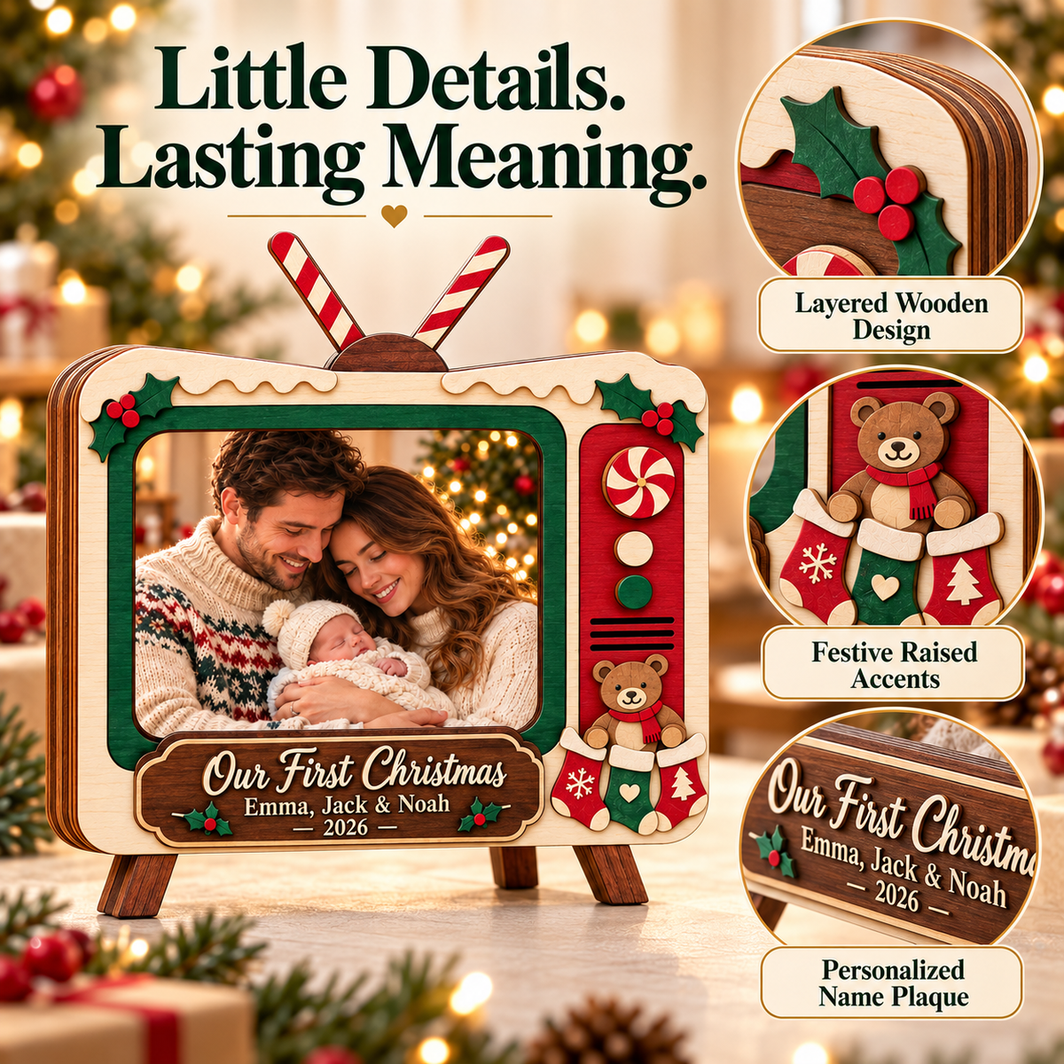 📺 Personalized Retro TV Christmas Photo Frame | Custom Names, Year & Milestone Wooden Keepsake 🎄