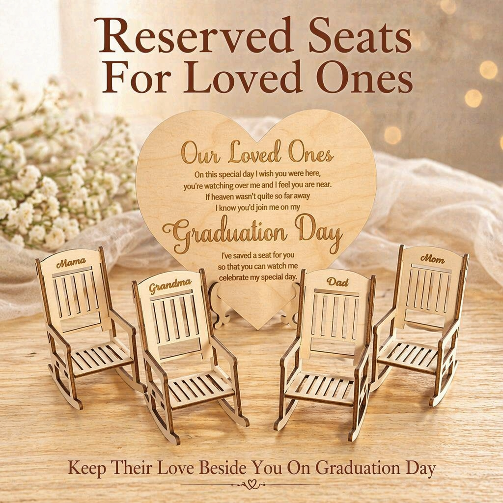 "Save a Seat" Personalized Graduation Memorial Set - Custom Wooden Rocking Chairs & Heart Sign