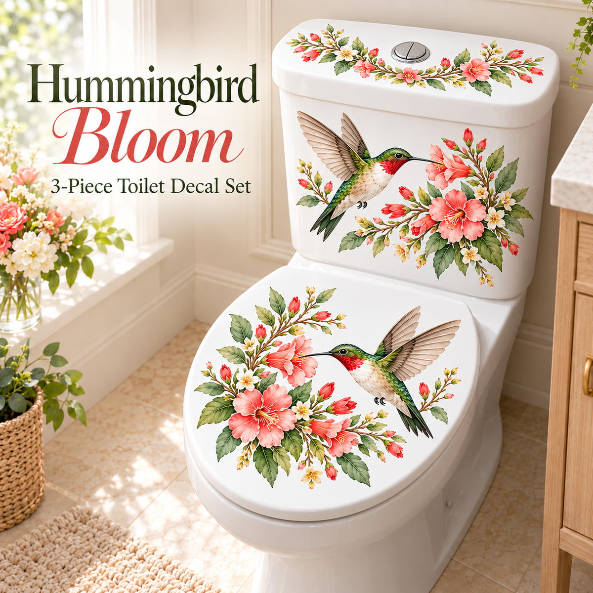 Last Day 50% OFF-Only$12.99🎁 Nature's Melody 3-Piece Floral & Bird Toilet Decal Set 🌸🐦 | Instant Bathroom Makeover