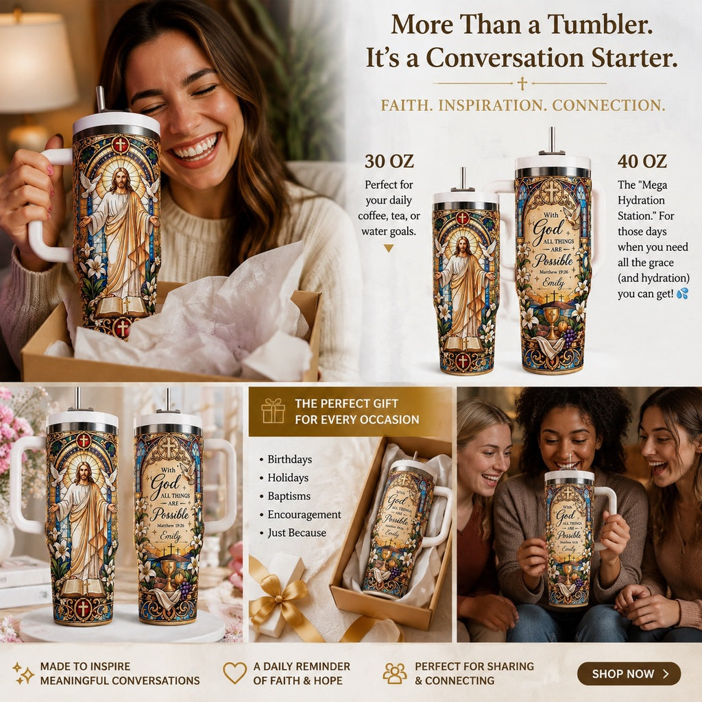 ✨ Personalized Stained Glass Jesus Tumbler | "With God All Things Are Possible" Custom Name Cup | 30oz &40oz 🎁