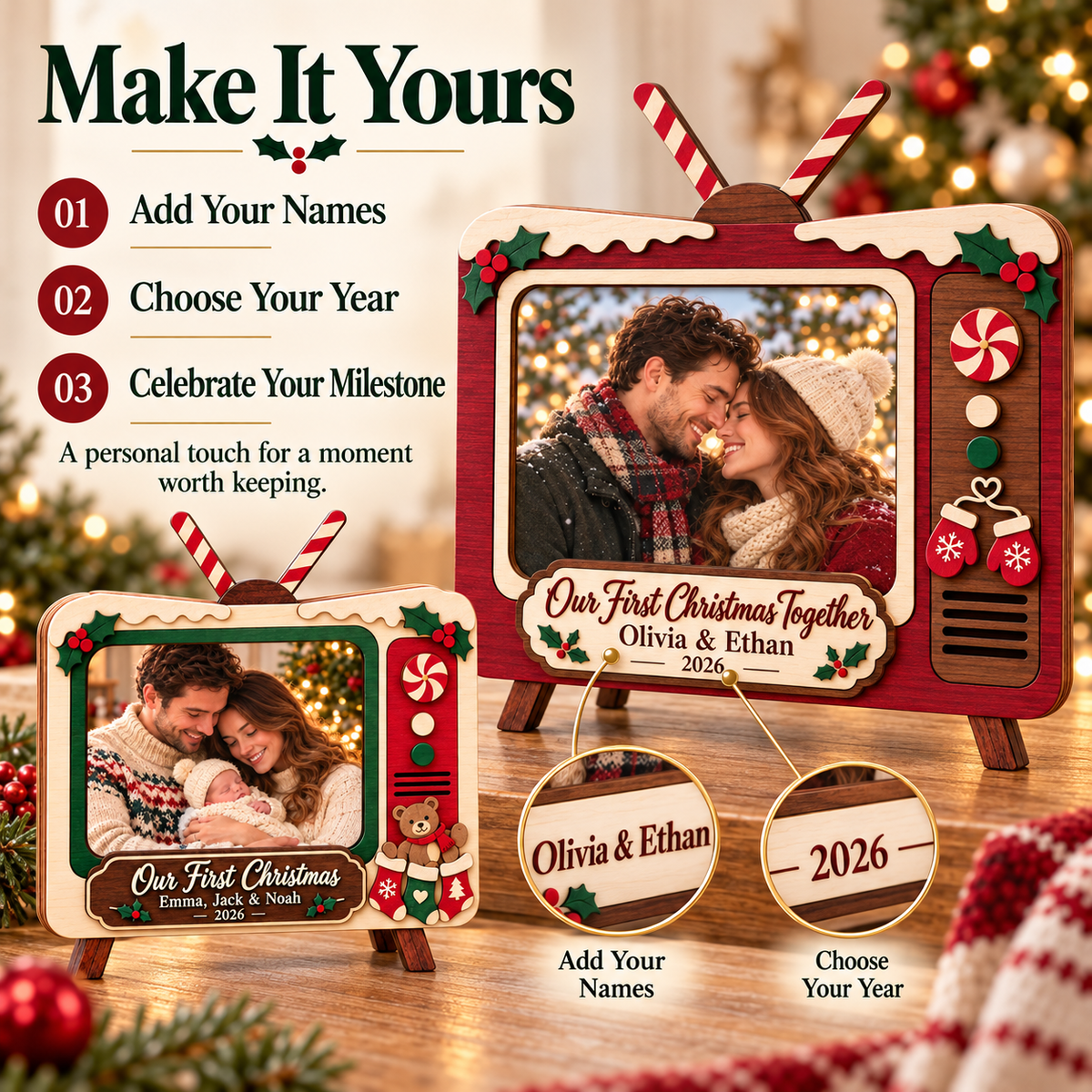 📺 Personalized Retro TV Christmas Photo Frame | Custom Names, Year & Milestone Wooden Keepsake 🎄