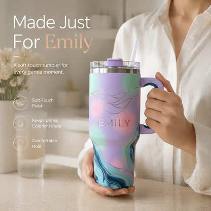 Personalized 30oz/40oz Pastel Dream Tumbler | Custom Name Ethereal Gradient Rose Gold Line Art | Insulated Travel Mug