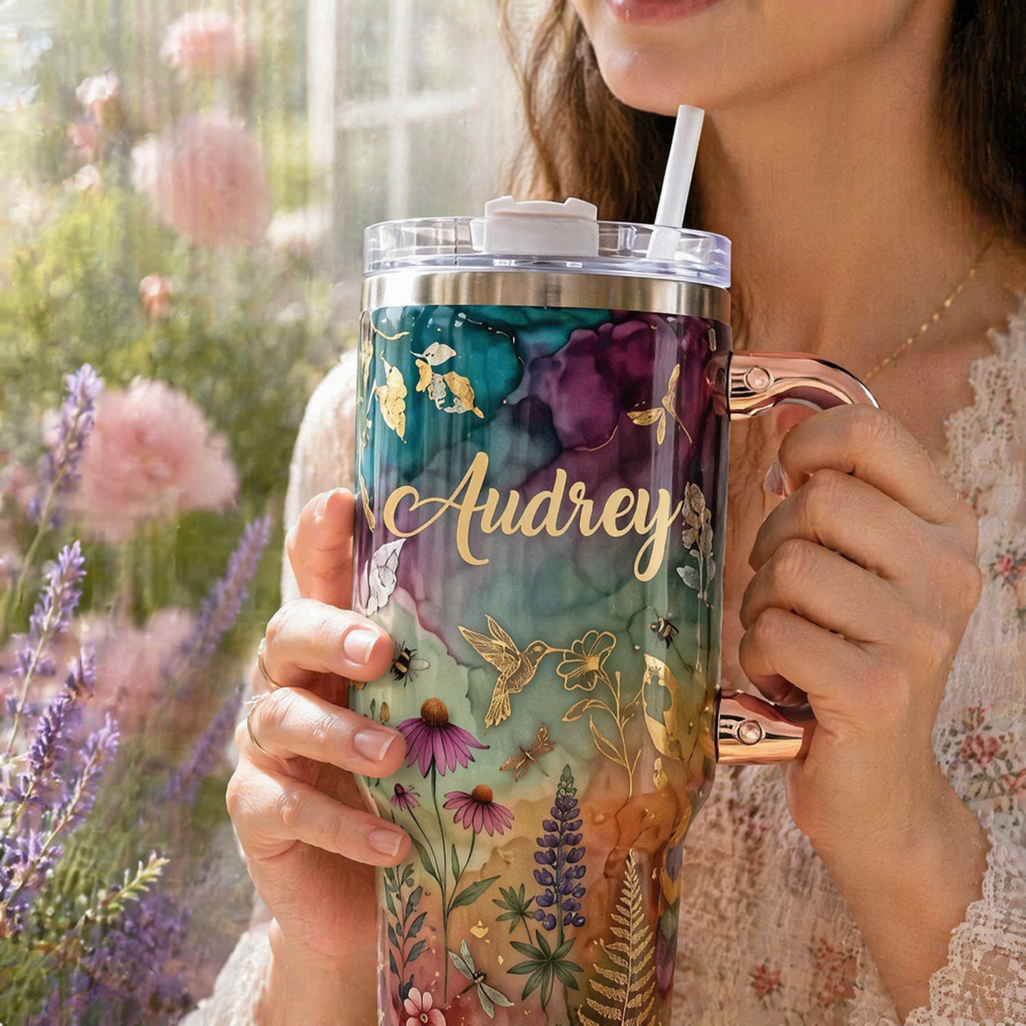 🌸✨Personalized Enchanted Garden Tumbler | Custom Name Gold Botanical & Hummingbird Design with Rose Gold Handle (30 oz/40 oz)