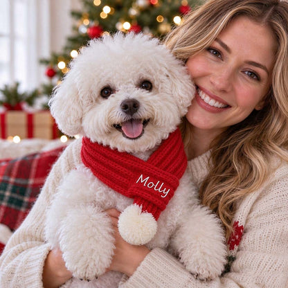 Personalized Embroidered Christmas Pet Scarf with Pom Pom