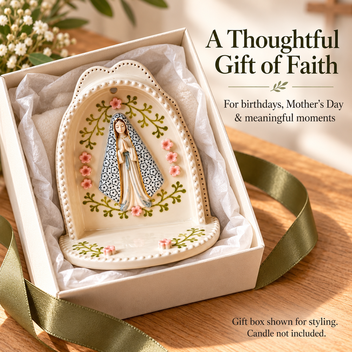 Serene Virgin Mary Tealight Holder 🕊️ | A Quiet Moment of Prayer (Ceramic Grotto)