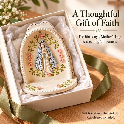 Serene Virgin Mary Tealight Holder 🕊️ | A Quiet Moment of Prayer (Ceramic Grotto)