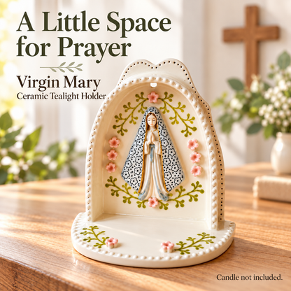 Serene Virgin Mary Tealight Holder 🕊️ | A Quiet Moment of Prayer (Ceramic Grotto)