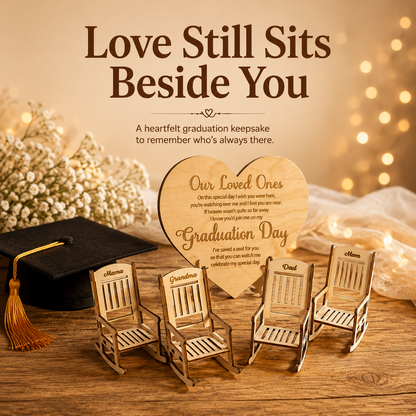 "Save a Seat" Personalized Graduation Memorial Set - Custom Wooden Rocking Chairs & Heart Sign