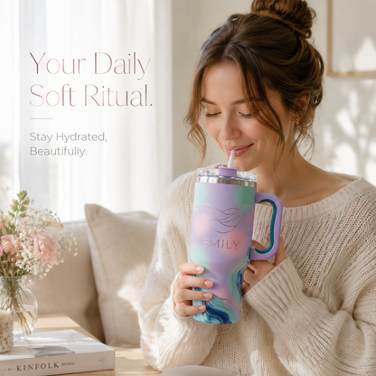 Personalized 30oz/40oz Pastel Dream Tumbler | Custom Name Ethereal Gradient Rose Gold Line Art | Insulated Travel Mug